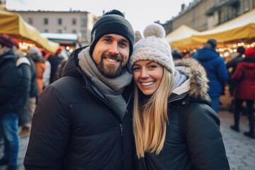 Obraz premium Happy young smiling couple in winter clothes at street Christmas market in Stockholm