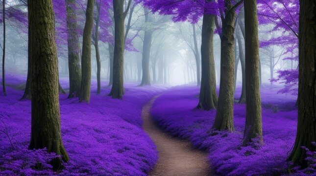 Beautiful purple forest with the path on a foggy morning. Generative ai