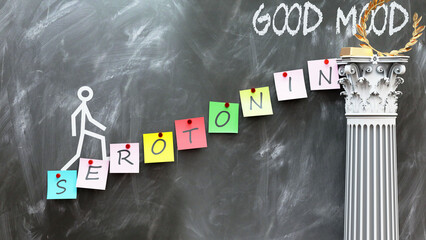 Serotonin leads to Good mood - a metaphor showing how serotonin makes the way to reach desired good mood. Symbolizes the importance of serotonin and cause and effect relationship.,3d illustration