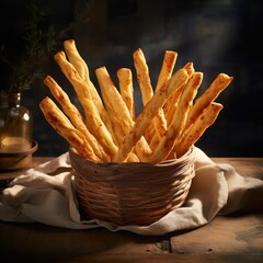 Bread sticks in a basket on a wooden table, dark background. Generative AI.
