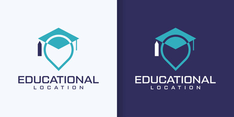 Graduation cap logo template with map pin, library location icon design, university pointer symbol