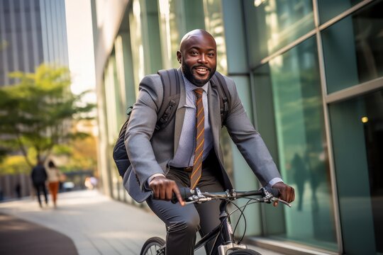 Cycling commuter - a middle aged African American man riding a bicycle on a road in a city street. Blurry urban background.