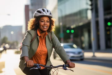 Plexiglas foto achterwand Cycling commuter - a middle aged beautiful African American woman riding a bicycle on a road in a city street © Stavros