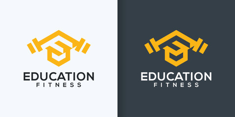 Student gym with barbell logo vector design. Fitness education F logo. Perfect for education, fitness and student symbol