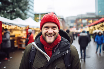 Happy smiling young man in winter clothes at street Christmas in Vancouver