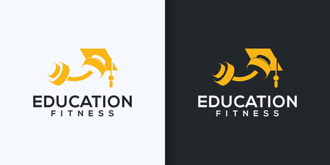 Student gym with barbell logo vector design. Graduation cap logo with fitness education. Perfect for education, fitness and student symbol