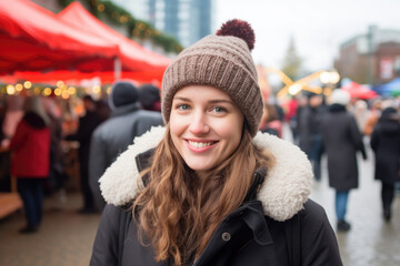 Young happy smiling woman in winter clothes at street Christmas market in Vancouver