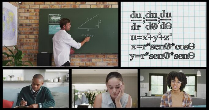 Screens with online call of diverse male teacher, students and mathematical formulae