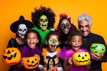 A group of funny people of different ages and races wearing Halloween trick-or-treat costumes in studio. Generative AI