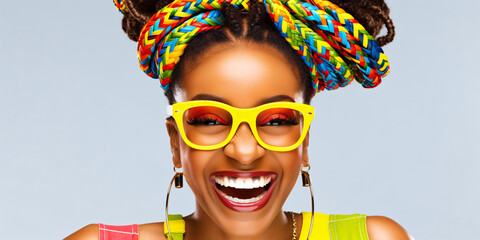 Black woman with crazy yellow sunglasses and colorful hair laughs heartily