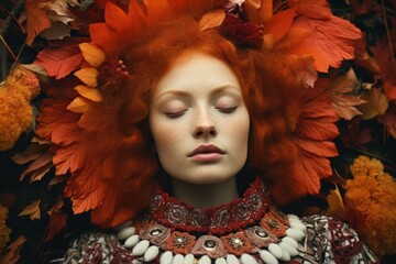 Beautiful girl sleeping peacefully, bright red copper color hair, surrounded by autumn fall leaves and flower petals, youthful calm and glamourous princess of nature - generative AI - obrazy, fototapety, plakaty
