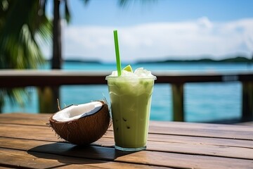 coconut with drinking straw with sea view