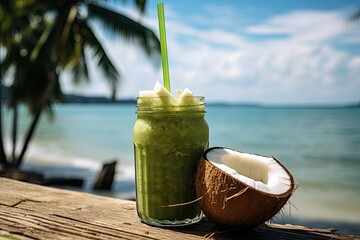 coconut with drinking straw with sea view