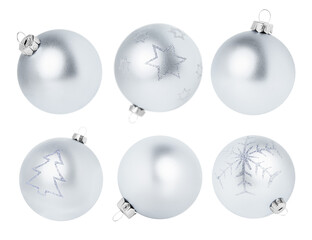 six Christmas ornaments in silver color, from different angles, on a white isolated background