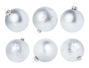 six Christmas ornaments in silver color, from different angles, on a white isolated background