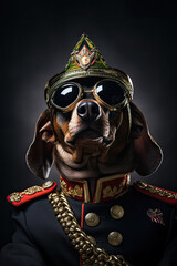 Dachshund dog in military uniform and sunglasses