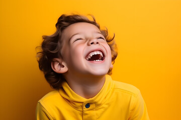 Studio portrait of a little boy being happy, isolated on colorful background. Kids emotions or moods concept. Generative AI