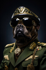 Dog in military uniform and sunglasses