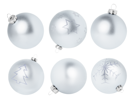 six Christmas ornaments in silver color, from different angles, on a white isolated background