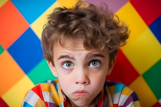 Studio portrait of a little boy being confused, isolated on colorful background. Kids emotions or moods concept. Generative AI
