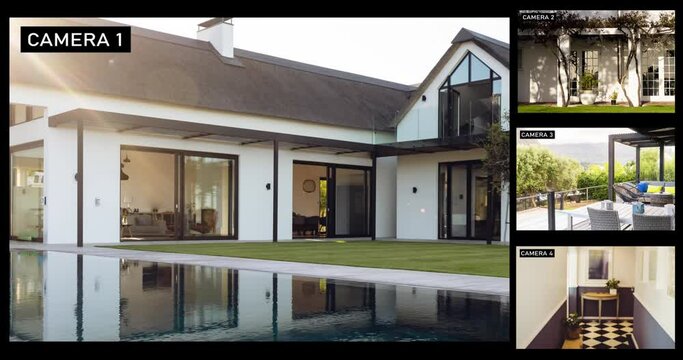 Split screen with four security camera views of luxury home, slow motion