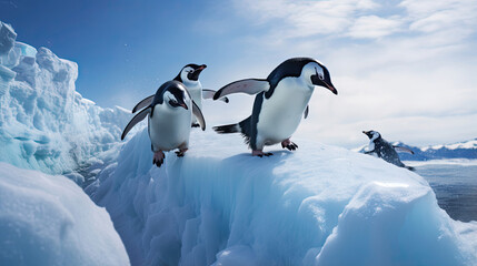 Obraz premium Playful penguins sliding down icy slopes in Antarctica radiating a sense of camaraderie and adventure