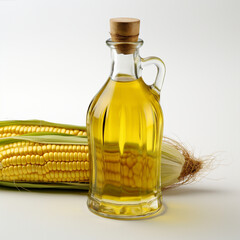 Glass bottle with corn oil and ripe cob on white background, ai technology