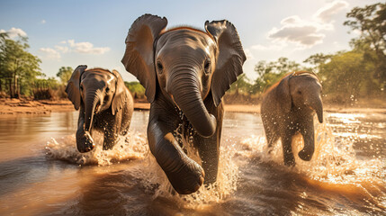 Adorable baby elephants playfully splashing in a watering hole their innocence and exuberance on full display