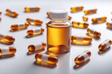 A golden colored liquid medicine bottle and scattered liquid capsules on a plain white surface