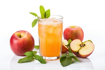 Fresh apple juice at the drink glass with slice isolated on white - obrazy, fototapety, plakaty