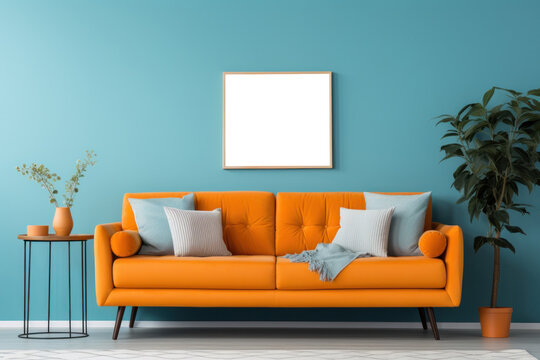 Generate ai, orange sofa on living room with photo frame on blue wall.