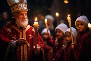 A luminous parade, voices in unison, celebrating the beloved saint of winter - obrazy, fototapety, plakaty