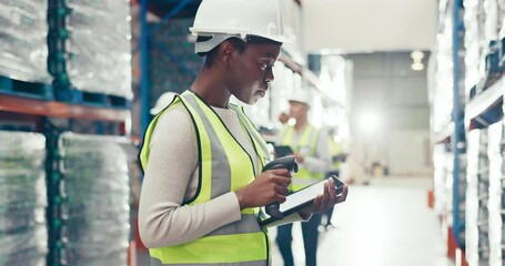 Barcode, scanner and worker in warehouse with logistics on tablet for supply chain, shipping and track storage of stock. Factory, employee and check on tech for cargo, distribution and inventory