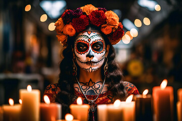 candlelight portrait of woman with dia de los muertos or day of the dead face paint