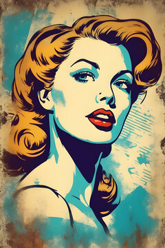 a vintage 1950s, 1960s pretty pin up girl illustration with a distressed background.