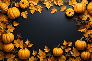 Naklejka na ściany i meble Top view pumpkin, autumn leaves border background, Generative AI