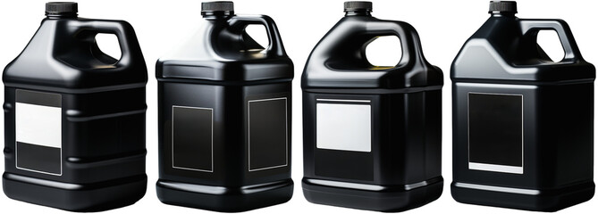 four black plastic gallons for oil or other liquid products with a blank label with space for text, generative ai