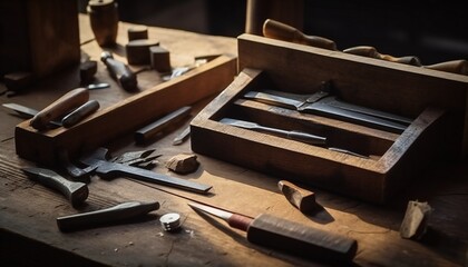 Japanese wood working tools on an old rustic work table - obrazy, fototapety, plakaty