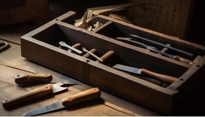 Japanese wood working tools on an old rustic work table