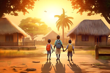 African children walking forward in rural village. Group of three little boys with school bags, back to camera, golden hour.