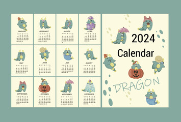 Calendar for 2024 cute green dragon