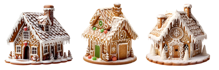 Gingerbread house home cake biscuit, white icing collection on transparent background cutout. PNG file. Many assorted different design. Mockup template for artwork design

