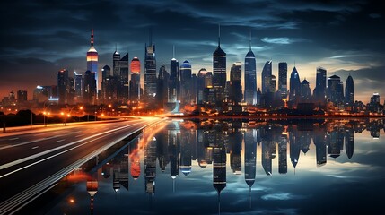 Obraz premium light trails of the vehicles on a night city of new york, city of skyline, aurora background colourful background