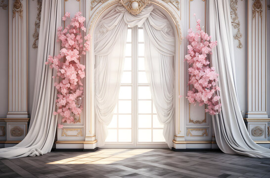 Digital backdrop For Photography featuring luxurious white drapery with pink floral and parquet flooring, arch wedding backdrop 