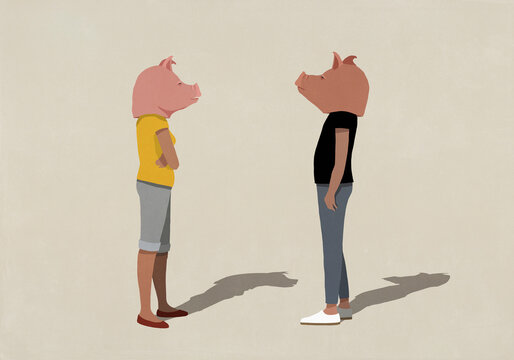 Pigheaded couple with pig heads standing face to face

