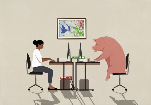 Businesswoman and pig working at computers in office
