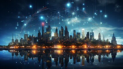Data Technology Communication Networking Background with Data connectivity on city of skyline, newyork city concept wallpaper