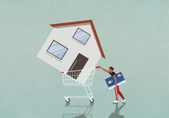 Man with credit card pushing house in shopping cart
