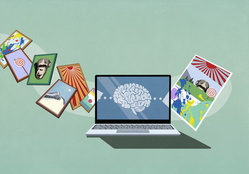 Brain on laptop screen processing images

