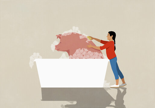 Girl giving pet pig a bubble bath, washing bag with sponge

